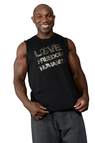 LOVE FREEDOM HUMANITY Basic Tank- Black w Gunmetal Foil