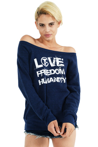 LOVE FREEDOM HUMANITY Off The Shoulder Sweatshirt - Navy